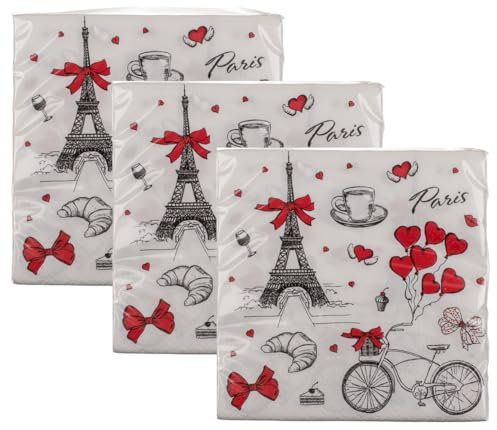 Servietten Paris 3 x 20er Pack (33x33 cm) - Papierservietten Frankreich, Eiffelturm, Tischdeko, Party, Grillparty