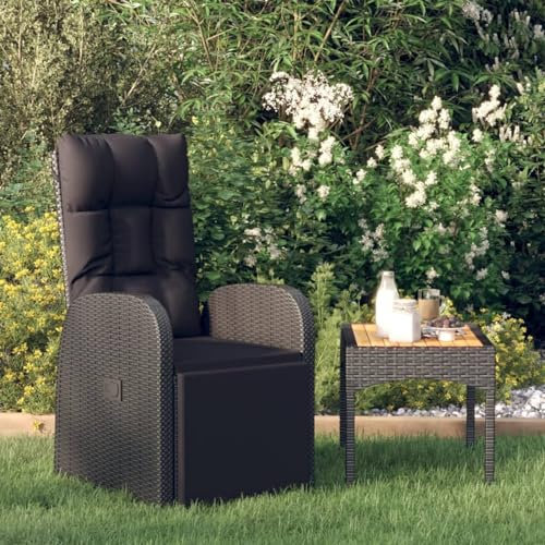 Rantry Fauteuil inclinable de jardin avec coussin en rotin synthétique noir Fauteuil inclinable de jardin avec repose-pieds dossier chaise assise