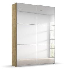Rauch Möbel Reflect, Schwebetürenschrank, Eiche Artisan, Breite 131 cm | Kleiderschrank mit Schwebetüren, Schiebetüren, 2-türig, mit Spiegel, für Schlafzimmer, Jugendzimmer, Homeoffice, Garderobe