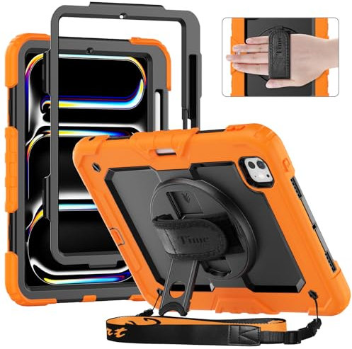 timecity Für iPad Pro 11-Zoll M4 2024 5. Generation Tasche mit Integriertem Bildschirmschutz, 360° Drehbarem Ständer, Verstellbarem Schultergurt, Magnetischer Ladestifthalterung-Orange