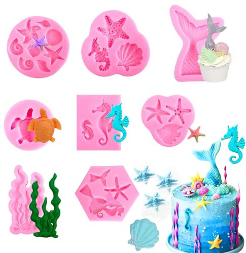 Guidre 8 Stück Meerjungfrau tortendeko Tortendeko meerjungfrau Meerjungfrau geburtstag deko Seepferdchen deko, Muschelform Fondant Formen Schwanzform Backformen für Kuchen,Schokolade, SüßIgkeiten