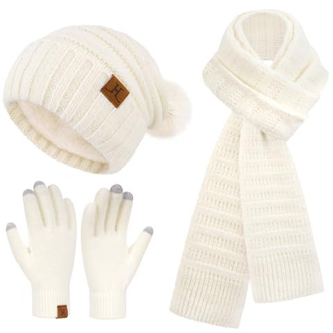 Winter Damen Mütze Schal Touchscreen Handschuhe Set mit Fleece Gefütterte, Warm Wintermütze Strickmütze Beanie mit Bommel Winterhandschuhe Lange Schals für Damen Geschenk Weihnachten, Weiß