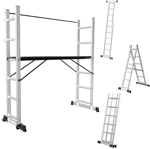 Fiqops Gerüst, 4-in-1 Alu Gerüst max 276cm,Bis zu 150 kg belastbar,vielseitiges Baugerüst, fahrbare Arbeitsbühne und 2 Rollen,Gerüstleiter,Rollgerüst,2x6 Sprossen,Silber