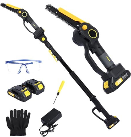 Scie à perche sans fil et mini tronçonneuse, scie chaîne électrique balais 2 en 1 21 V avec batterie x 2,0 Ah, de 4,9 7,5 pieds pour l'élagage des arbres, la coupe du bois Noir