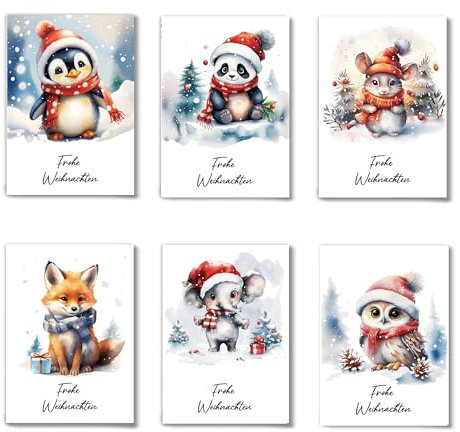 Weihnachtskarten mit Umschlag Set (20 Stück) - 10 Tiermotive, je 2 Stück - A6 Klappkarten - christmas cards - lustige Weihnachtskarten - Tier weiß