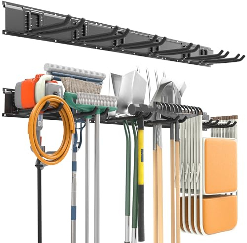 EVERHANGER Garagen-Werkzeug-Organizer, Wandhalterung, Gartenwerkzeug-Regal, Organisation, robuste Klappstuhl-Kleiderbügel mit 6 verstellbaren Haken, maximale Traglast 204 kg, 121,9 cm