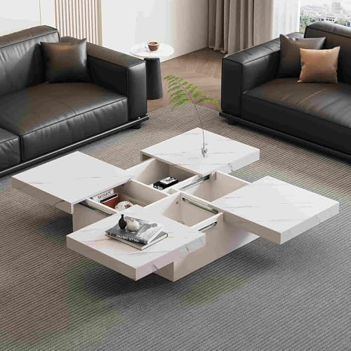 Sweiko Moderner Couchtisch, weiß, 90 x 90 x 25 cm, 4 Schubladen, Wohnzimmertisch mit ausziehbarer Platte, Motiv aus weißem Marmor, trägt 30 kg