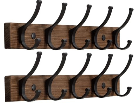 Optish Garderobenhaken Holz 2 Stück, Garderobenleiste mit 5 Haken, Kleiderhaken Wand Garderobe Holz für Schlafzimmer Küche Flure, Wandgarderobe für Mänteln, Jacken, Handtaschen Braun - 42CM