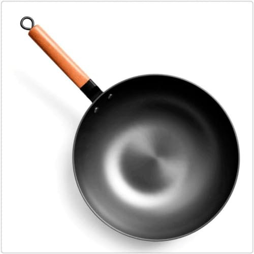 CTCOIJRN Wok Cinese in Ferro Wok Tradizionale in Ferro Fatto a Mano, Padella Antiaderente, pentole a induzione e fornelli a Gas Senza Rivestimento(32cm)