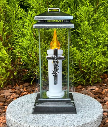 Grablaterne Grablicht Kerze mit Kreuz Motiv - NEU NEU Kleine Grablampe 27,5 cm H. Silber Glitzer Grabkerze Grabkerze Grablicht Urnengrab Licht Laterne inkl. Kerze.