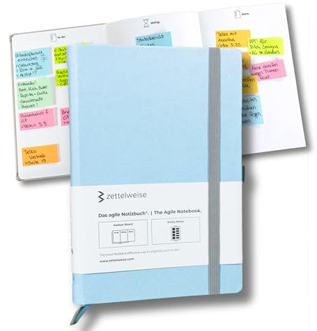 zettelweise - Das agile Notizbuch A5 | Mit integriertem Kanban Board | inkl. 300 Haftnotizen | ADHS Hilfsmittel | veganes Hardcover | 192 nummerierte Seiten | Notizbuch für To dos (Eisblau)