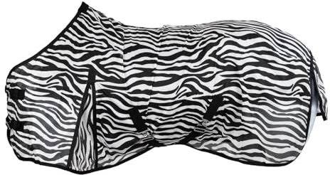 RL24 - Zebra Fliegendecke mit Kreuzgurt – reißfeste & feinmaschige Pferdedecke – Weidedecke zum Schutz vor Insekten – mit Schweifriemen & extra Langen Seiten – Outdoor-Pferdedecke – 145 cm