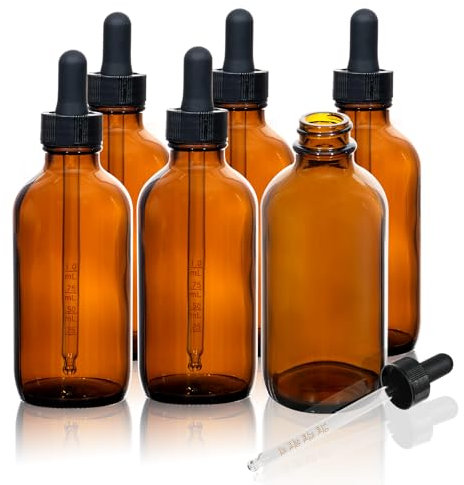 RAMFIYN 6 pack 4oz Amber Glass Dropper Bottle Refillable Tincture Bottles with Strong Measured Dropper Empty Essential Oil Container with Funnel and Labels