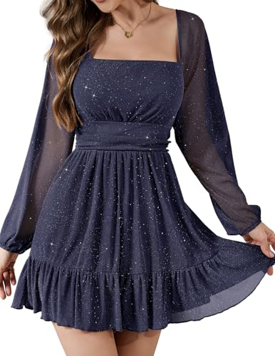 Bridesmay Glitter Sequin Cocktail Dresses UK for Women Wedding Guest,Square Neck Mesh Long Sleeve Casual Party Mini Dress (Navy,M)