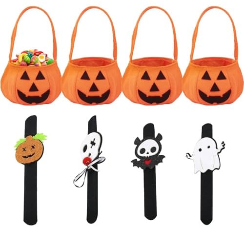 Kürbis Tasche Halloween, Kürbis Candy Bag, 4 Stück kürbis Beutel Bringen 4 Armbändern, Kürbiseimer Trick or Treat Bag, kürbis Süßigkeiten Tasche Kinder, Süßigkeiten Korb Halloween