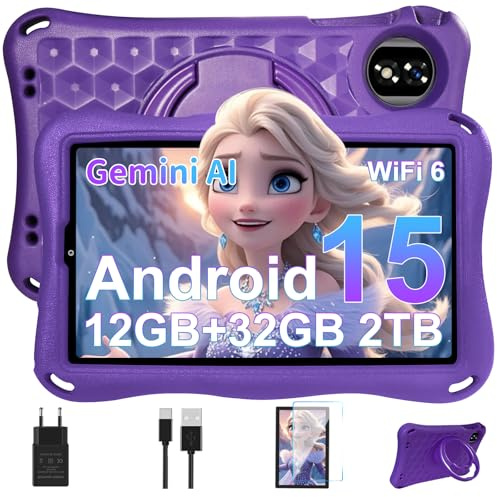 Kinder Tablet 9 Zoll Android 15 Gemini AI, 12GB RAM + 32GB ROM (TF 1TB), Octa-Core, 2.0GHz,GMS Certified, 5G WiFi 6, Widevine L1, 5000mAh, BT5.0, 8+5MP, Kindersicherung Tablet mit EVA Case-Lila