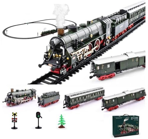 BuildCubes Legierung Dampflokomotive Modell, 22920 Dampf Lokomotive Eisenbahn Modell Set Modelleisenbahn Dampflok Zug mit Spur Waggons, Geschenk Dekoration für Erwachsene