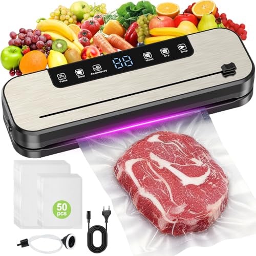 SHINER Vacuum Sealer Machine, 30cm Seal Food Vacuum Sealer with Cutter and LED Digital 6 in 1 Vac Packing Machine for Dry & Moist Food Sealer with 50 Vacuum Bags and Hose