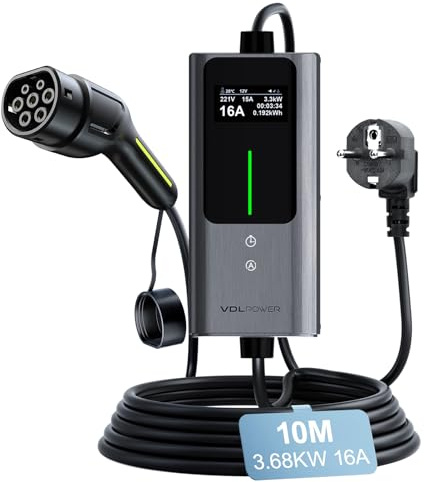 VDLPOWERVP Typ 2 Ladekabel Schuko, 3.6 KW Ladekabel Auto 6/8/10/13/16A, 10M EV Ladegerät Typ 2 mit LCD-Digitalanzeige (3.68KW-10M)