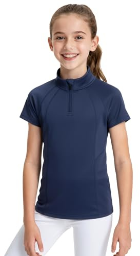 JOCMIC Girls Short Sleeve Equestrian Shirt Horse Riding Shirts Half Zip Kids for Golf Yoga Running Navy 9-10 Years