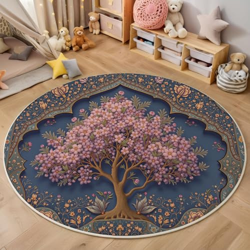 Tappeto Salotto Rotondo 120cm, Piante Alberi In Fiore Foglie Verdi Stampa Antiscivolo Tondo Rosa Moquette, Morbida Flanella Arte Indiana E Persiana Tappeto, Per Camera Cucina Domestica Decor Tappeti