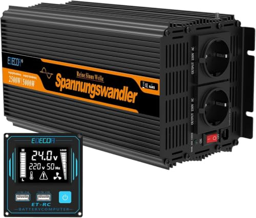EDECOA Wechselrichter 24V auf 230V 2500W,Reiner Sinus Spannungswandler mit 2 EU Steckdose, LCD-Fernbedienung für Wohnwagen LKW Solarenergie Spitzenleistung 5000W