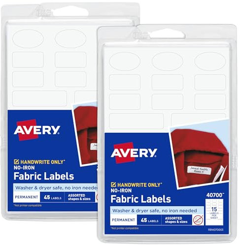 Avery No-Iron Kids Clothing Labels, Washer & Dryer Safe, Assorted Shapes & Sizes, (2-Pack) 90 Labels (40700)