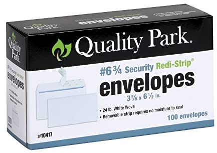 Quality Park #6 3/4 Self-Seal Security Envelopes, Security Tint and Pattern, Redi-Strip Closure, 24-lb White Wove, 3-5/8 x 6-1/2, 100/Box (QUA10417)