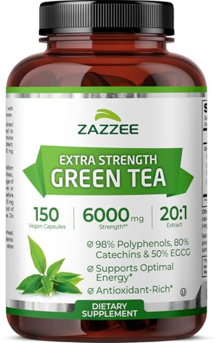Zazzee Extra Strength Green Tea 20:1 Extract, 50% EGCG, 98% Polyphenols, 80% Catechins, 150 Vegan Capsules, 5 Month Supply, Certified Kosher, Antioxidant & Metabolism Support, Non-GMO, Made in the USA