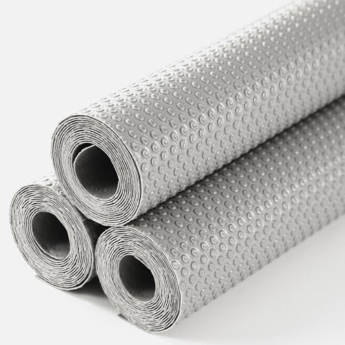 Drawer Liners, Hersvin 44.5cmx150cmx3 Rolls Kitchen Shelf Liner EVA Non-Slip Non-Adhesive Waterproof Washable Cupboard Cabinet Liner Refridge Locker Mats Sink Protector (Light Gray/Dot)