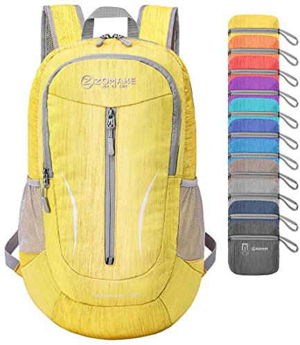 ZOMAKE Faltbarer Rucksack Leicht 25L-Kleiner Rucksäcke Wasserdicht Wanderrucksack Packable Backpack für Damen Herren Outdoor Wandern(Gelb)