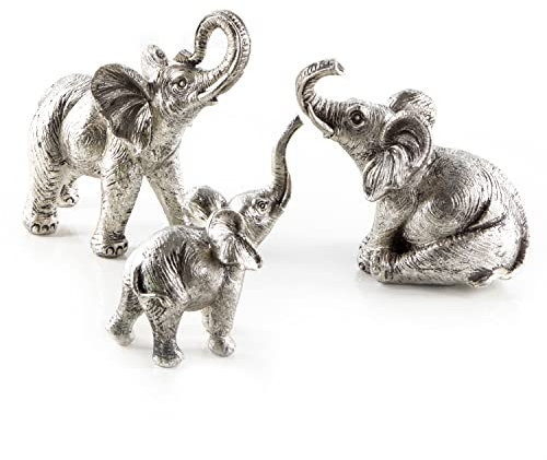 Logbuch-Verlag 3 Elefanten Figuren Kunststein Silber Elefantenfigur Afrika Deko zum Hinstellen Glücksbringer Geschenk