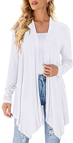 Cardigan da donna drappeggiato aperto sul davanti casual a maniche lunghe leggero cardigan maglioni spolverino, bianco, Large
