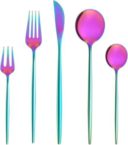 Bestdin Ensemble de couverts arc-en-ciel pour 6 personnes, 30 pièces en acier inoxydable, couverts multicolores, ensemble de couverts avec couteau, fourchette, cuillère, passe au lave-vaisselle