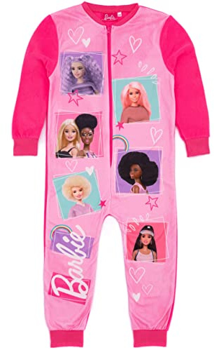Barbie Girls Onesie in Pink | All In One Fleece Pyjama Loungewear | Diverse Toy Doll & Logo Nightwear PJs | Kids Jumpsuit Sleepsuit | Movie Overall Romper Merchandise Gift for Her