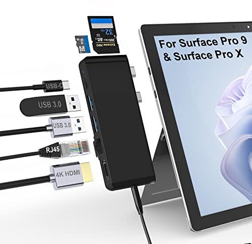 Surface Pro 11 10 9 Docking Station, Surface Pro 9 Hub Adapter mit 100 Mbps LAN, 4K HDMI, 100W USB-C (Display+Daten+PD Aufladen), 2 USB 3.0, 3.5mm Audio, SD/TF Kartenleser für Microsoft Surface Pro 9