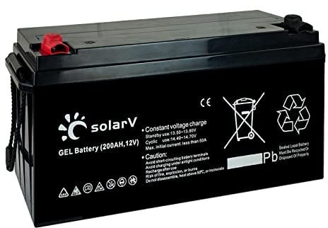 SolarV Batteria gel 200 Ah 12 V estremamente resistente ai cicli per impianti PV, ideale per applicazioni solari, camper, illuminazione cantieri, barche a vela, yacht a motore.