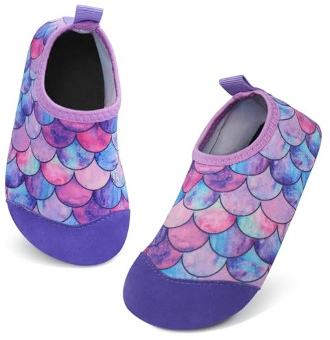 Zapatos de Agua para Niños Escarpines para Niño y Niña Zapatos de Playa Descalzos Antideslizantes Zapatos de Natación para Piscina de Playa, Morado - Escamas de Pescado, 26/27 EU