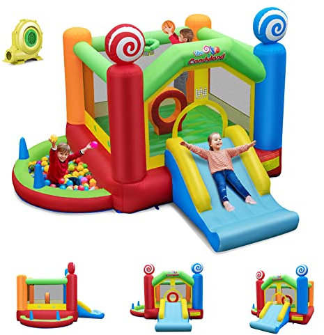 GOPLUS Castillo hinchable con soplador de 680 W para 2 niños de hasta 90 kg de 3 a 10 años, zona de salto, tobogán, pared de escalada, cesta de baloncesto (caramelo, con soplador de 680 W)