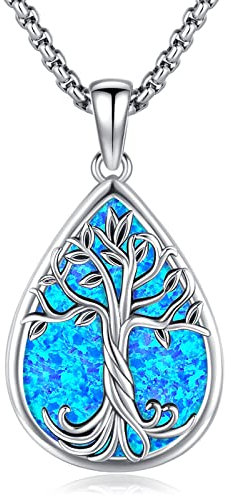 Eusense Colliers de l'arbre de vie pour femmes en argent sterling 925 avec pendentif en opale bleue naturelle Cadeaux d'anniversaire pour les femmes, les filles et les mères
