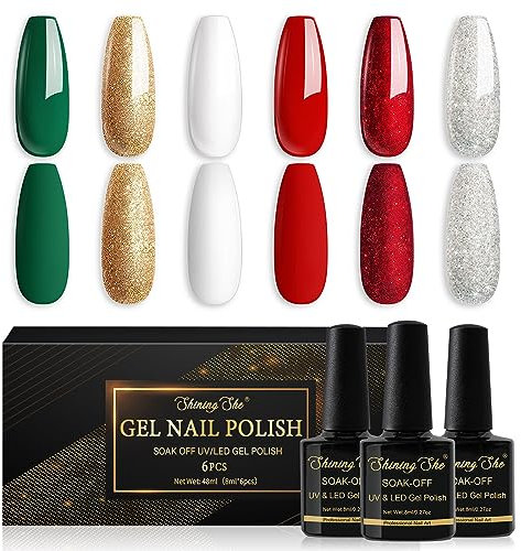 Shining She Christmas Gel Nail Polish Set, 6 Colours Green Red White Gold Sliver Glitter Gel Polish Set UV/LED Manicure for Women Nail Art Salon DIY Home, 8ML