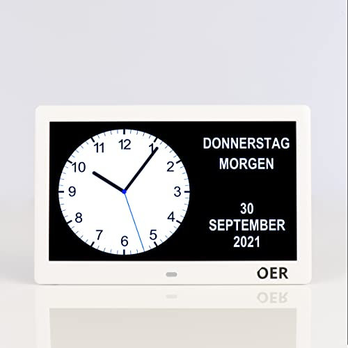 OER - Demenzuhr - Version 2025 - Digitaler Kalender und Seniorenuhr - Digitale und analoge Anzeige - XXL-Bildschirm - Kalenderuhr für Demenz (10 Zoll, WeiB)
