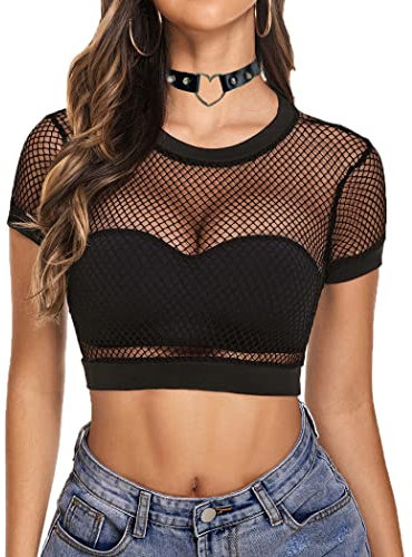 Avidlove Damen Crop Top Netz Sexy T-Shirt Kurzärm Mesh Tops Rundhals Party Outfit Tops Basic T-Shirt Schwarz M