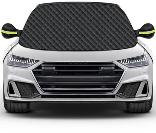 Mengine Frontscheibenabdeckung, Auto Windschutzscheibe Abdeckung mit 9 Versteckten Magneten, Seitenflügel Spiegel & 2 Haken,Eisschutzfolien Frost Guard Fit für Autos und SUVs (Schwarz, 148 * 120cm)