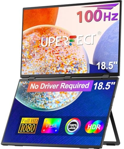 UPERFECT Delta 18.5 100Hz Dual Monitor Portable Monitor for Laptop Screen Extender 1080P HDR 360° Folding Stacked Triple Monitor with Stand & VESA for Laptop PC Phone Game Console (No Driver Needed)