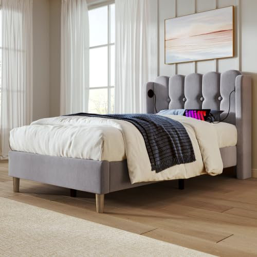 Kayan Polsterbett Einzelbett 90 x 200 cm, Bett mit Lattenrost, Kopfteil mit USB Typ C Ladefunktion, Lattenrost aus Holz, Leinen, Gepolstertes Bett in Grau (Grau, 90 x 200cm)