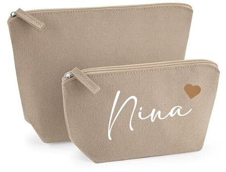 Kosmetiktasche personalisiert - Schminktasche Filz - Kosmetikbeutel mit Namen - Tasche mit Name und Herz - Filztasche - Geschenkidee (Sand, M)