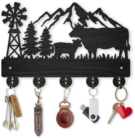 MAYJOYDIY Holz Schlüsselhalter für Wand Mit Kuh Kalbform 30×20cm Rustikal Bauernhaus Windmühle Schlüsselaufhänger Wandmontage Schlüssel Organizer mit 5 Metallhaken Für Geschenk Flur Küche Haustür