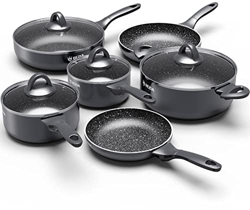 Nonstick Pots and Pans Set 10pcs, BEZIA Induction Hob Pan Set, Suitable for All Stoves, Kitchen Cookware with Lids/Stay-Cool Bakelite Handle, Non Stick Cooking Set w/Frying Pans & Saucepans