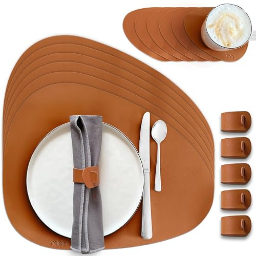 MIQIO Tischset aus Kunstleder - 18er Tisch- Untersetzer-Set - Leder Platzsets abwaschbar - 6 Platzsets, Glasuntersetzer, Serviettenringe | Cognac | stoneförmig